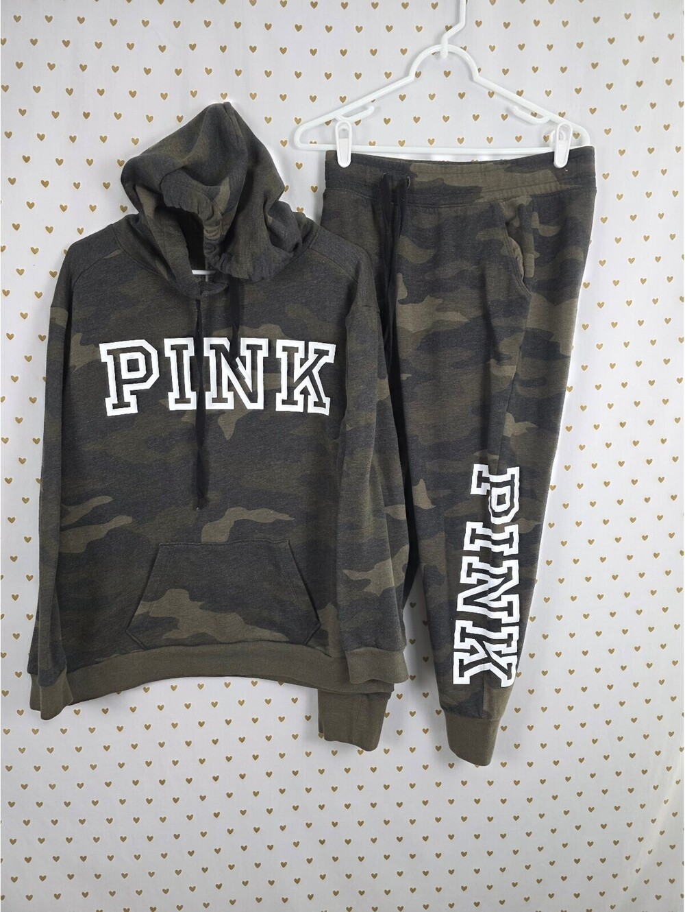 Victorias Secret Pink Camo Camouflage Logo Sweats Hooded Sweater SET Medium